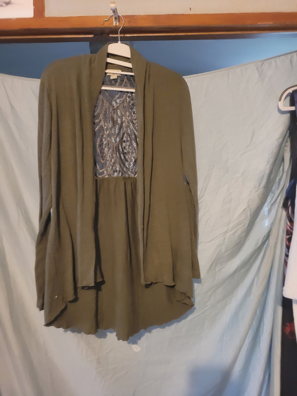 ONE WORLD Olive Green Draped Cardigan with Embellished Back
